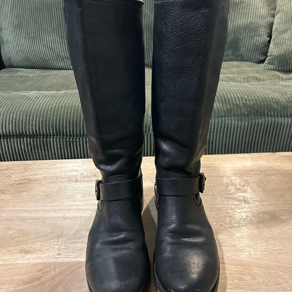 Frye Black Leather Tall Harness Boots